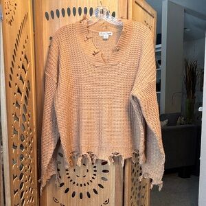 Caren Sport Tan Distressed Knit Sweater